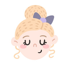 Cute Blonde Smiling Girl with a Bow in her Hair. Vector hand-drawn illustration isolated on a white background.