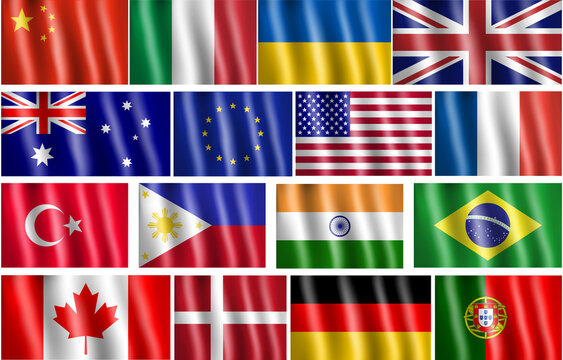 Set of National flag USA, Canada, Russia, UK, Australia, Eu, China, France, Turkey, Philippines, India, Brasil, Italy, Denmark, German, Portugal. Vector illustration. Eps 10.