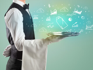 Handsome young waiter in tuxedo holding money icons on tray