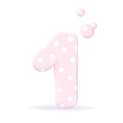 Cute 3d number 1 isolated on white background. Soft, pink stock vector illustration. Sticker for kids content, First anniversary