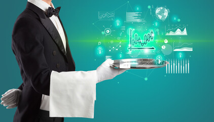 Handsome young waiter in tuxedo holding currency icons on tray