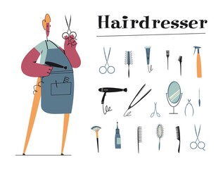 Hairdresser woman with scissors. Haircutter tools and care products. Mirror, hair dryer, curling iron, tongs, comb, brush, nail file. Cartoon Flat Vector Illustration.
