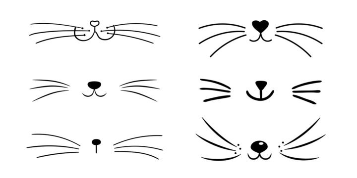 Set of vector flat cat heart nose. Cute cat face silhouette icon collection. Logo illustration isolated on white background