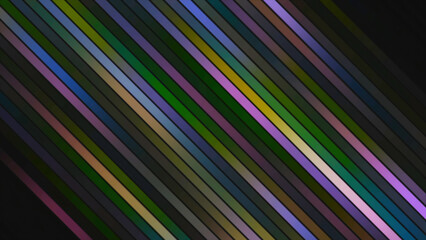 Colorful diagonal stripes shimmer on black background. Motion. Bright multicolored lines shimmer beautifully. Holographic multicolored flickering of diagonal lines