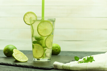 Fresh and chilled citrus drink on a wooden table