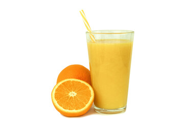 A glass of 100 percent orange juice on a white background