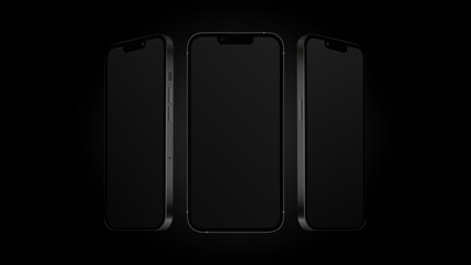 Dark Smartphone Template from Different Angles with Editable Screen. Black Mockup. Vector illustration