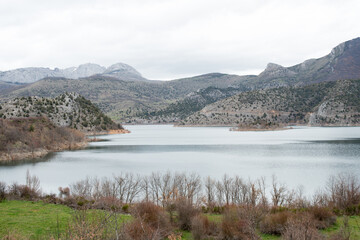 Beautiful view of Reservoir of Caldas de Luna. Natural park of Babia and Luna, between Leon and Asturias. Spain