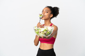 Young african american woman with salad isolated on white background holding a bowl of salad with happy expression
