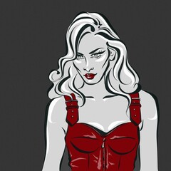 Cute girl in a red leather dress with long wavy hair is posing on the black background.