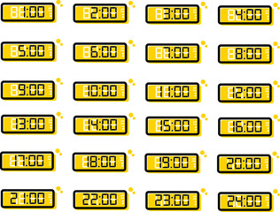 A set of yellow digital clocks tell the hourly time.