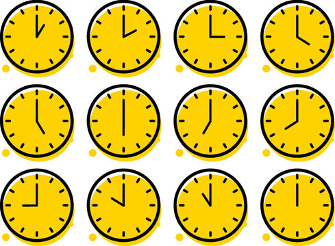 a collection set of yellow analog clocks telling the time