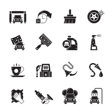 Silhouette car wash objects and icons - vector icon set
