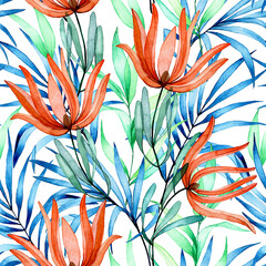 watercolor seamless pattern with tropical flowers and leaves. transparent protea flowers and palm leaves. bright colors red, green, blue, white background - obrazy, fototapety, plakaty