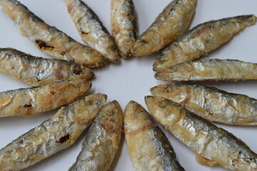 Fried fish Euroropean sprat or sardine, a small and tasty fish caught in the Irish Sea, the Black Sea, the Baltic Sea and the Sea of the Hebrides.