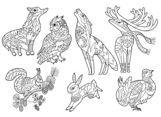 Fototapeta na wymiar Contour linear illustration for coloring book with decorative forest set. Animals fox, wolf, rabbit and birds. Line art design for adult or kids in zen-tangle style, tattoo and coloring page.