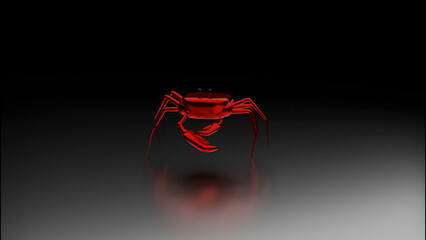 Abstract red crab moving isolated on a black background under the lantern light. Design. Animated small cute crab, model of crustacean animal.