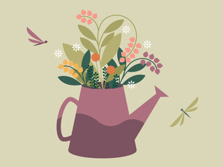 Watering Can with Spring Flower Bouquet and Dragonflies Vector Illustration