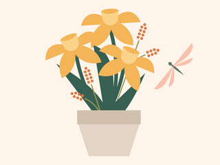 Potted Spring Daffodil Flowers and Dragonfly Vector Illustration