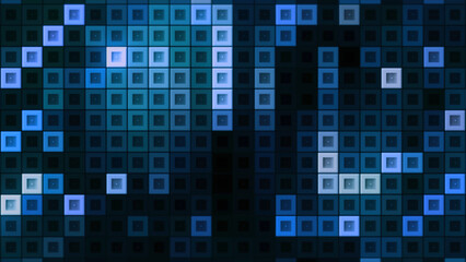 Retro tetris with glowing squares. Motion. Background with neon squares moving in electronic field. Retro computer game with moving snake squares