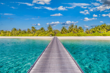 Amazing panorama at Maldives. Luxury resort villas seascape with palm trees, white sand and blue sky. Beautiful summer landscape. Amazing beach background for vacation holiday. Paradise island concept