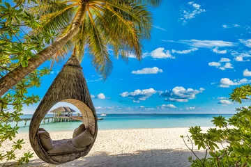 Abwaschbare Fototapete Bali Tropical beach panorama as summer relax landscape with beach swing or hammock hang on palm tree over white sand sea beach banner. Amazing beach vacation summer holiday concept. Luxury romantic travel