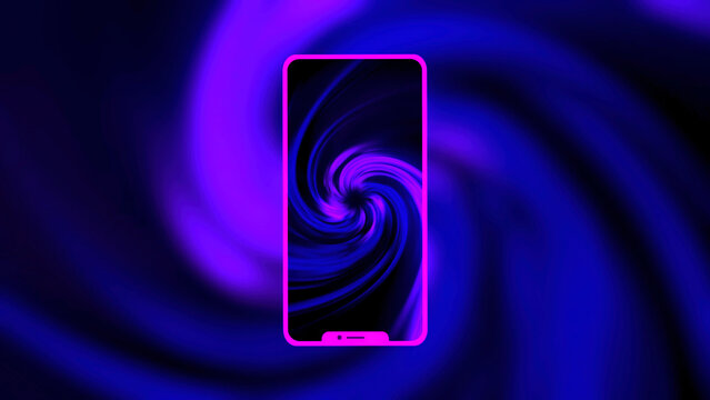 Abstract spiral shaped animation on the silhouette of a smartphone screen. Motion. Bright colors of a new modern smartphone, concept of communication.
