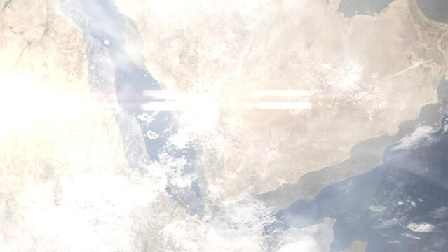 Earth zoom in from outer space to city. Zooming on Najran, Saudi Arabia. The animation continues by zoom out through clouds and atmosphere into space. Images from NASA