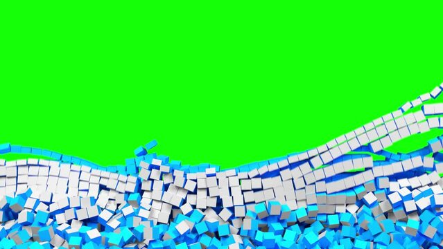 Blue cubes fall out of white screen. The wall of blocks break down, green chroma key reveals. Abstract 3D animated intro. Alpha channel, transparent background ProRes 4444 in 4k UHD.
