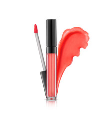 Liquid lipstick in elegant glass bottle with black lid, closed and open container with brush, isolated on white. Lip gloss make up smear.