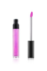 Liquid lipstick in elegant glass bottle with black lid, closed and open container with brush, isolated on white