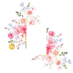 Watercolor hand draw spring frame with delicate flowers and blooming branch, isolated on white background