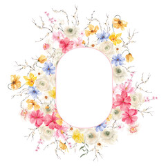 Watercolor hand draw spring frame with delicate flowers and blooming branch, isolated on white background