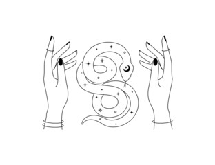 Magical hands and celestial snake in outline style. Spiritual tribal serpent symbol for branding name logo. Esoteric mystical silhouette serpent for magic witch craft. Vector illustration