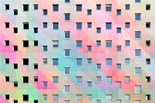 photocomposition made by me, of a colorful modern apartment building, full of windows of different sizes. Ideal for all types of ads and businesses