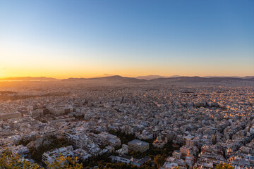 View of Athens from Lycabettus Hill at sunset, Greece.