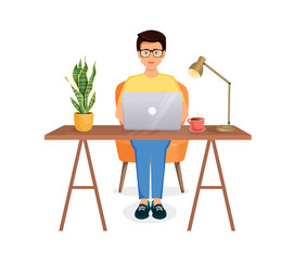 Man sits at a table, works at a computer at home. Remote work, freelance, home office, programming, training. Vector illustration.