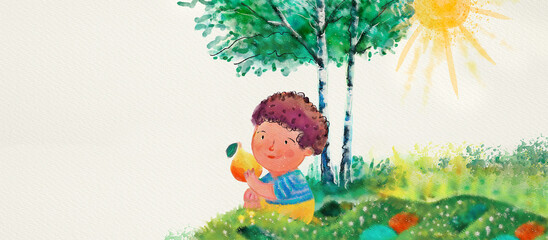 Boy under the tree. Spring background for kids. Watercolor