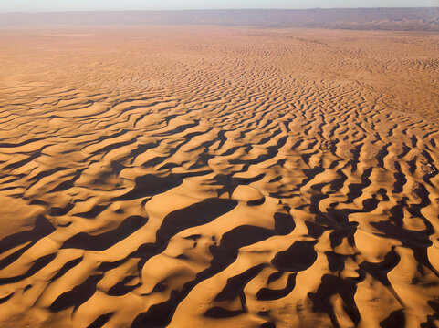 Aerial Top High View Landscape In Sahara Desert At Sunrise