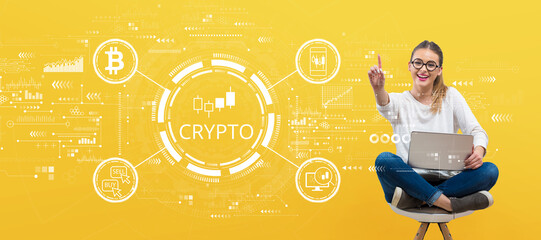 Crypto Trading theme with young woman holding her laptop