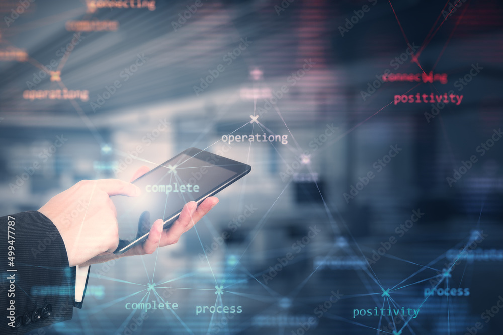 Poster close up of businessman hand using tablet with creative process stages mesh on blurry office interio
