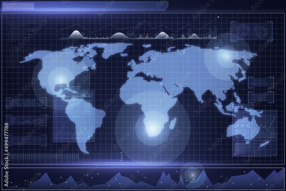 Poster Abstract radar map interface on blue background. Spy and cyber terrorism concept. 3D Rendering.