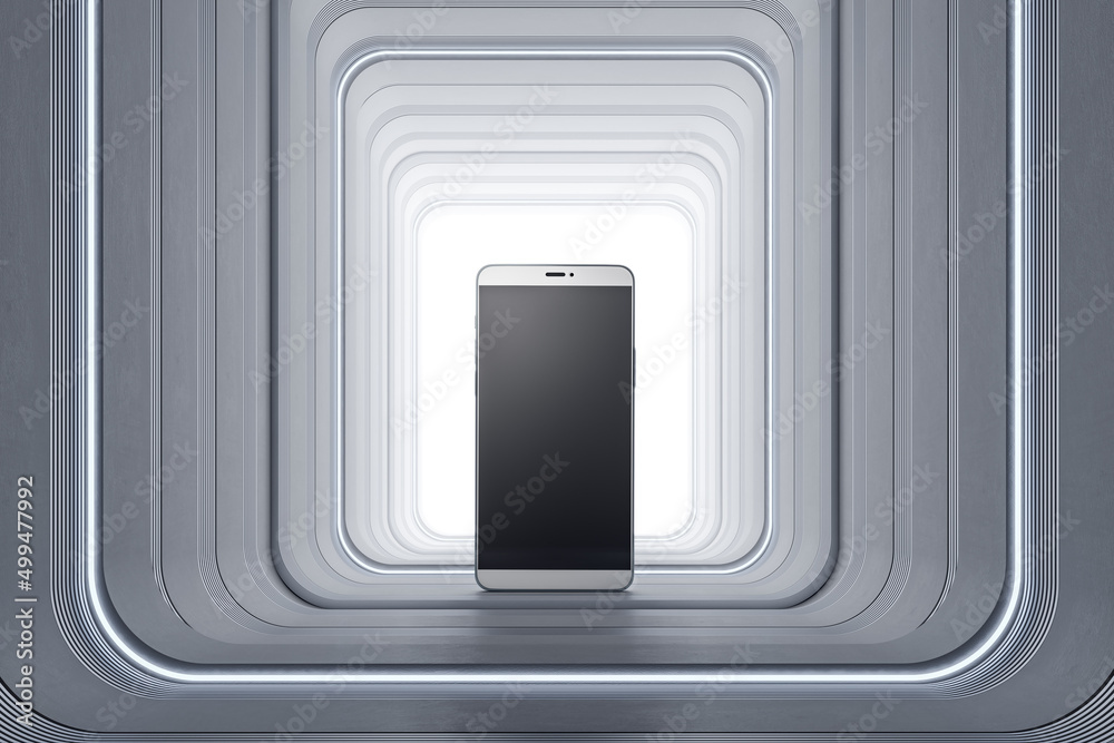 Poster Close up of empty mobile phone on light pedestal background. Presentation and mock up concept. 3D Rendering.