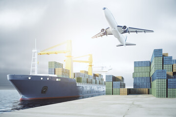 Global logistic service and transport concept with cargo plane and container ship in a port. 3D...