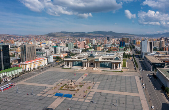 Aerial view of Sukhbaatar Square in center of Ulaanbaatar city, capital of Mongolia