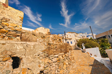 Houses in the town of Chora, at the Greek island of Anafi, in Cyclades island