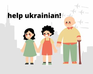family in the city, help ukrainian, vector, illustration, scared kids with grandpa, war planes