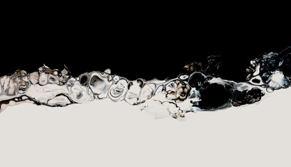 Abstract flow acrylic and watercolor cell pour marble blot painting. Black and white Color wave horizontal texture background.