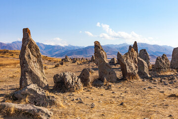 Zorats-Karer or Karahunj. Ancient megalithic complex, on a mountain plateau, Armenia. Historical...
