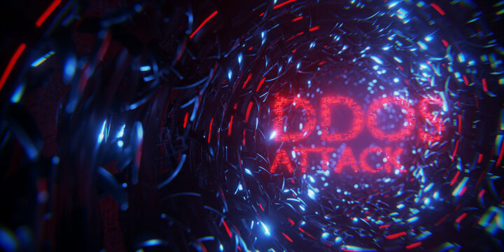 The concept of a DDOS attack on a computer system. DDOS inscription in the technological tunnel. 3D visualization.